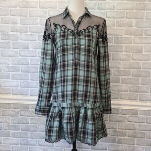 Guess Blue Plaid Drop Waist Dress Oversized Sheer Shoulder Western Grunge XS